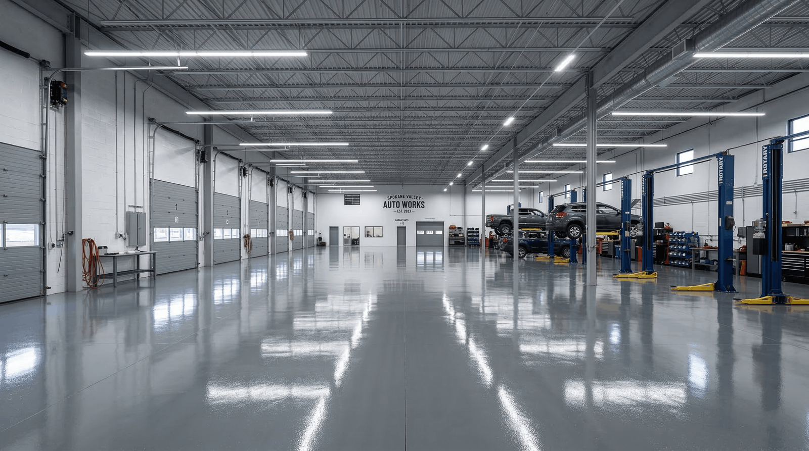 High-gloss grey epoxy floor running the length of a multi-bay auto repair shop with vehicles on two-post lifts