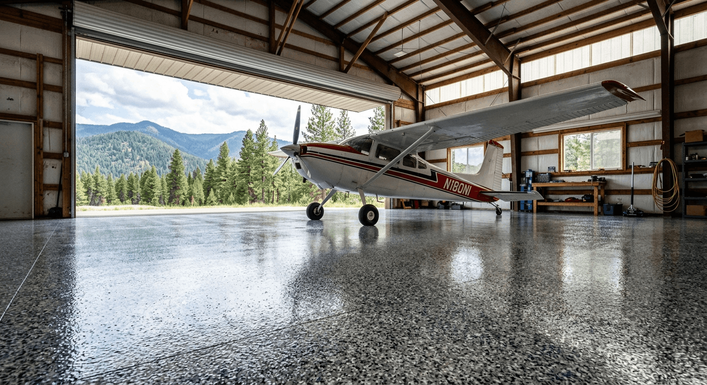 Cessna 180 on a dark flake epoxy floor in a private single-engine hangar