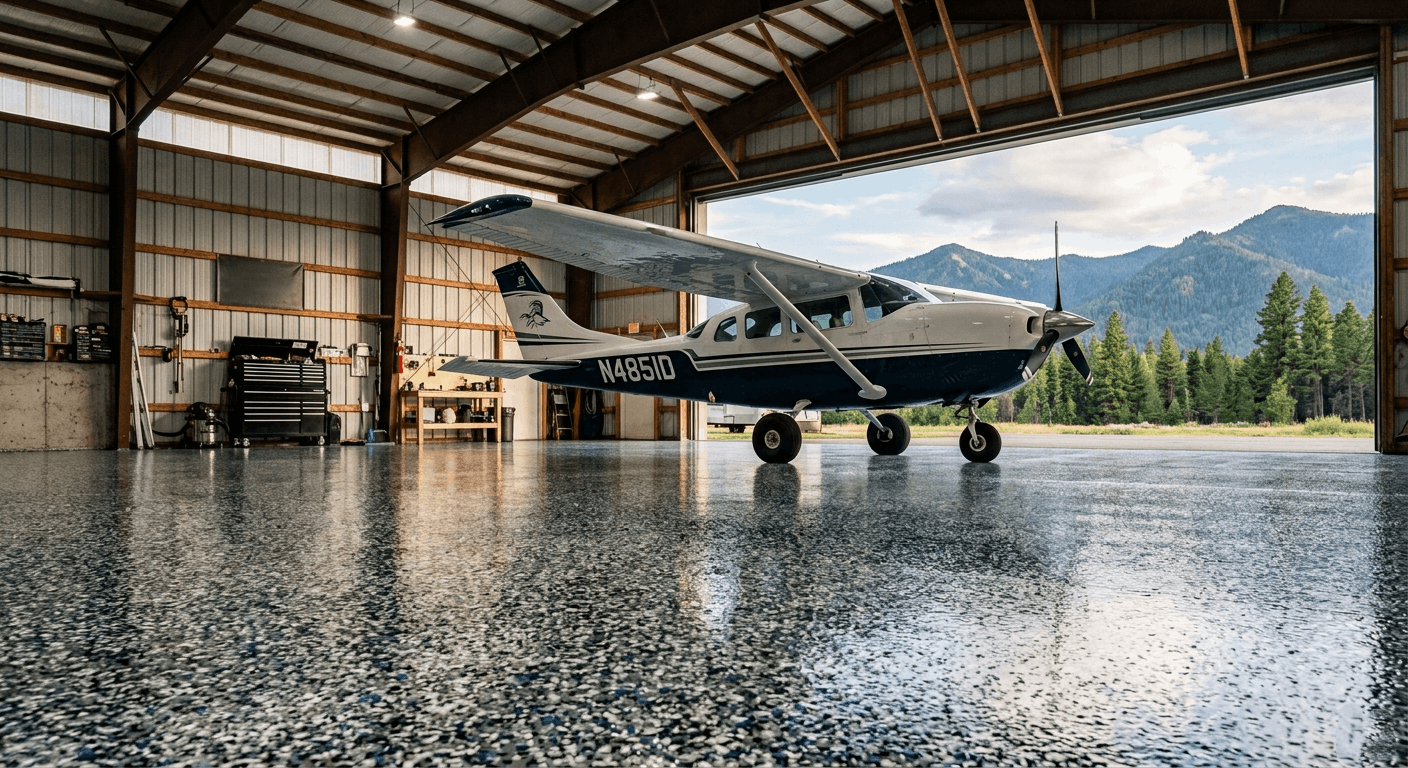 Blue and white flake broadcast epoxy floor in a hangar with a maintenance tool wall