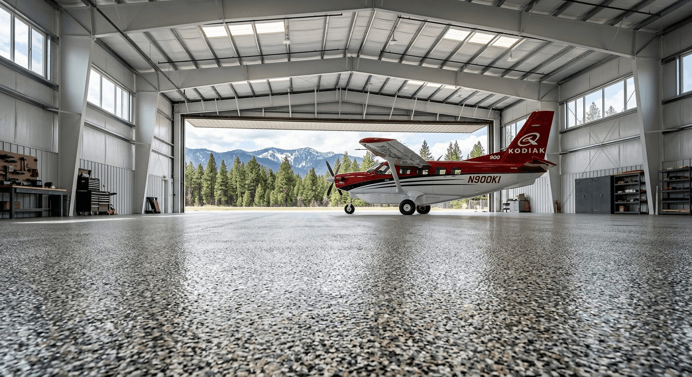 Turboprop on completed grey flake hangar floor coatings spanning a steel hangar bay