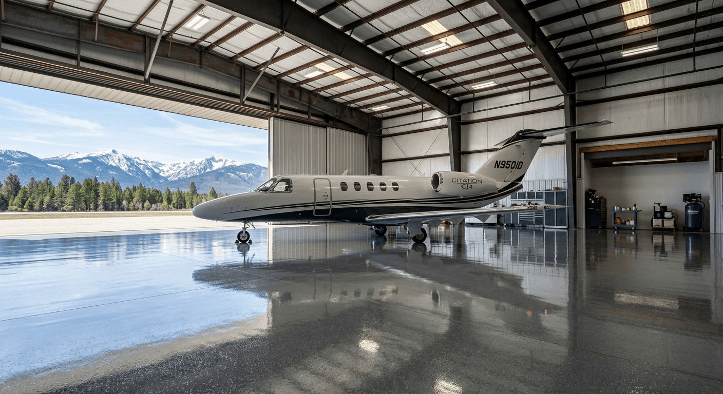 Business jet on solid grey hangar floor coatings with the door open to the ramp
