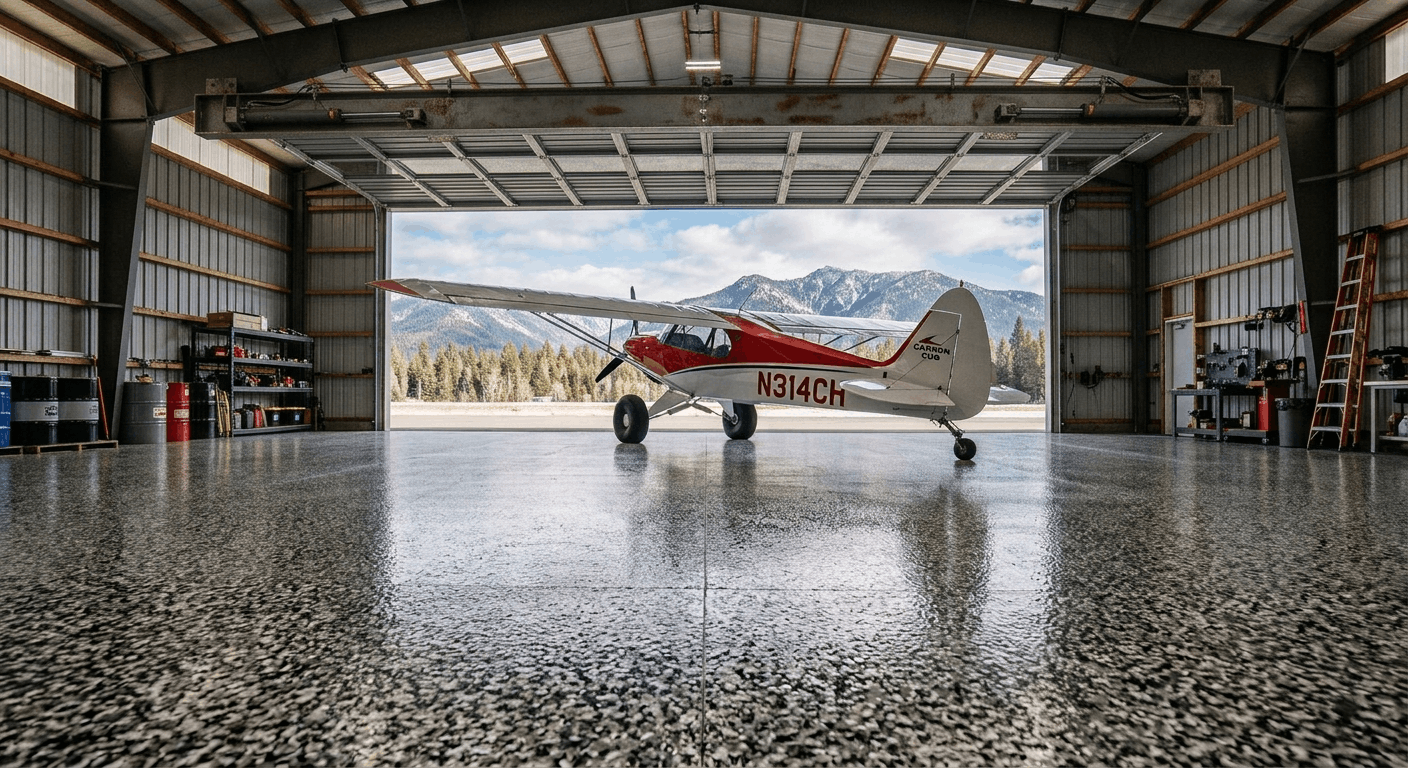 Carbon Cub parked on charcoal flake hangar floor coatings, hangar door open to the mountains