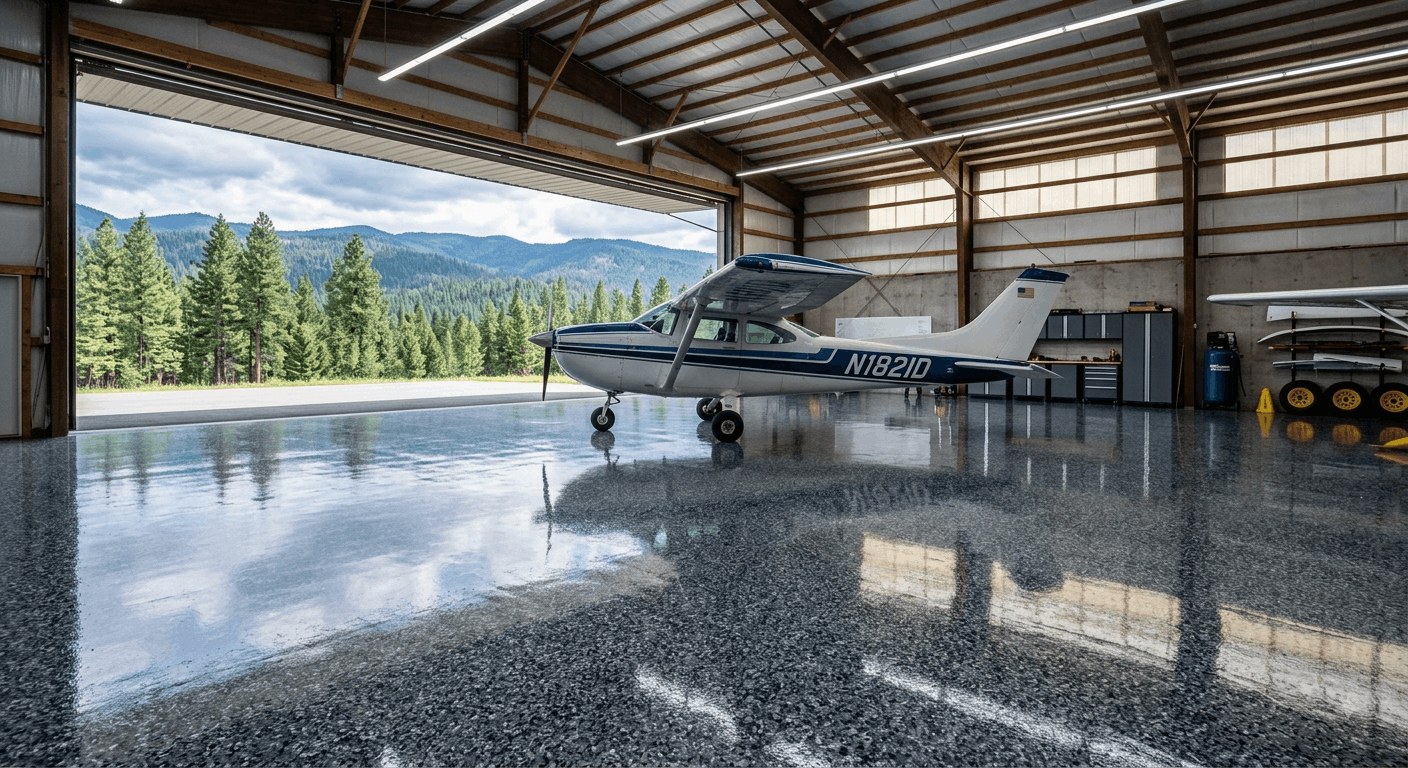 High-gloss polyaspartic hangar floor reflecting a Cessna 172 and the open hangar door