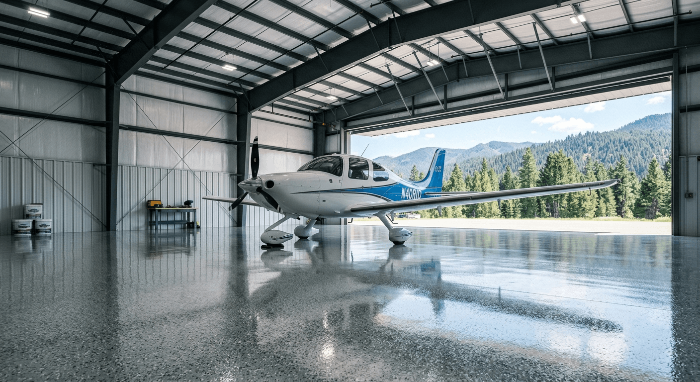 Light grey flake polyaspartic hangar floor coatings with coating pails staged along the wall